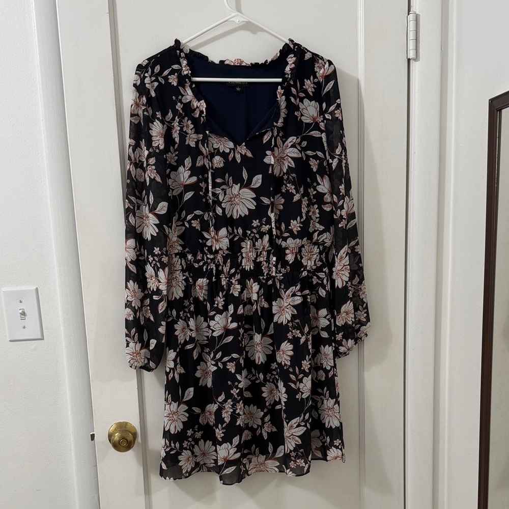 Black Floral Long-Sleeve Ruffle-Neck Dress